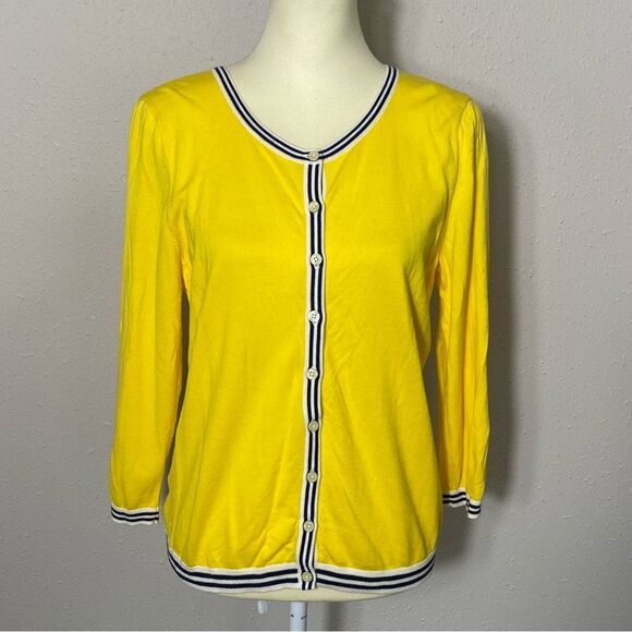 NWOT Talbots Yellow Cotton Button Front Cardigan W/ Nautical Trim Women's Size L - Picture 10 of 16